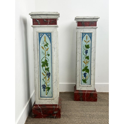 201 - PEDESTALS, a pair, painted faux marble with wheat sheaf and grape vine decoration, 101cm H x 27cm x ... 