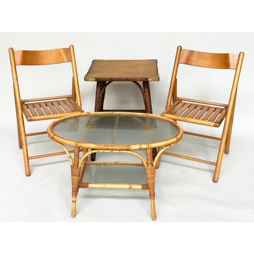 302 - HABITAT FOLDING CHAIRS, a pair, mid 20th century beech, together with an oval rattan framed glazed t... 