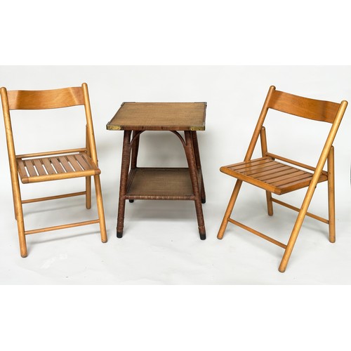 302 - HABITAT FOLDING CHAIRS, a pair, mid 20th century beech, together with an oval rattan framed glazed t... 