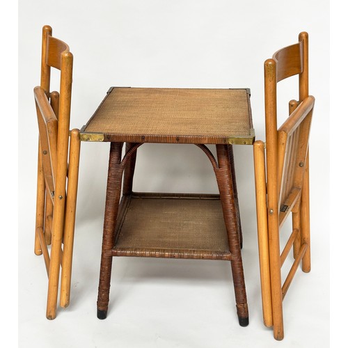 302 - HABITAT FOLDING CHAIRS, a pair, mid 20th century beech, together with an oval rattan framed glazed t... 