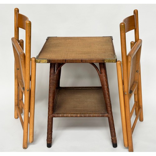 302 - HABITAT FOLDING CHAIRS, a pair, mid 20th century beech, together with an oval rattan framed glazed t... 