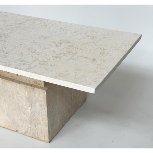 295 - TRAVERTINE LOW TABLE, Italian 1970s, rectangular on stepped plinth support, 112cm x 52cm D x 42cm H.