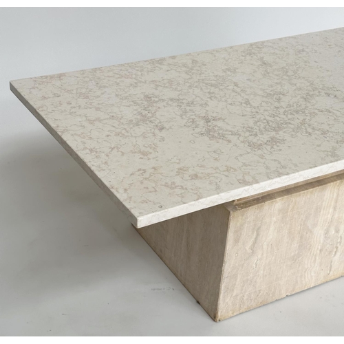 295 - TRAVERTINE LOW TABLE, Italian 1970s, rectangular on stepped plinth support, 112cm x 52cm D x 42cm H.