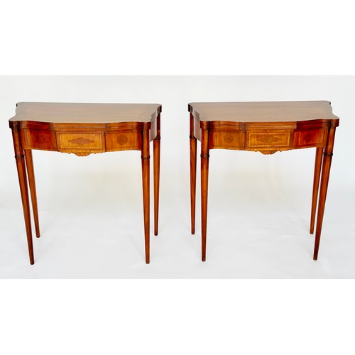 259 - CARD TABLES, a pair, late 19th century Kingwood crossbanded and marquetry inlaid each serpentine wit... 