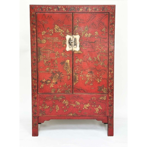 262 - MARRIAGE CABINET, late 19th century Chinese scarlet with gilt chinoiserie decoration and silvered mo... 