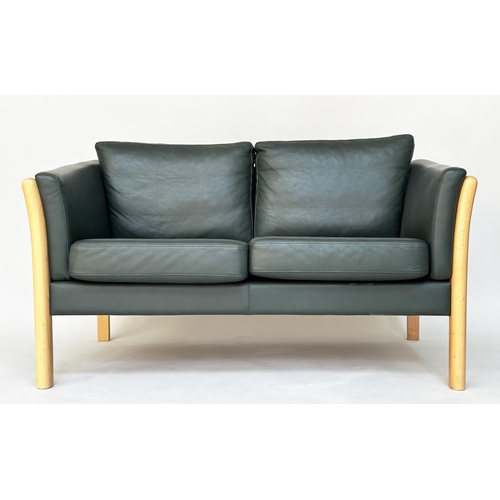 263 - DANISH STYLE SOFA, two seater, with grained green leather upholstery, 81cm H x 142cm W x 81cm D.