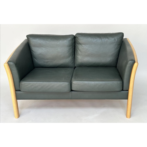 263 - DANISH STYLE SOFA, two seater, with grained green leather upholstery, 81cm H x 142cm W x 81cm D.