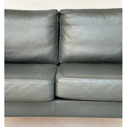 263 - DANISH STYLE SOFA, two seater, with grained green leather upholstery, 81cm H x 142cm W x 81cm D.