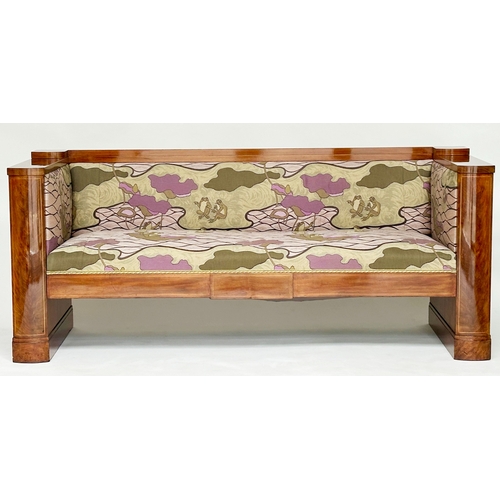 232 - ART DECO SOFA, early 20th century flame mahogany and satinwood line inlaid with period style twill f... 