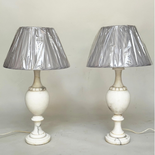 234 - ALABASTER TABLE LAMPS, a pair, Italian with baluster columns and shades. 75cm H (2)