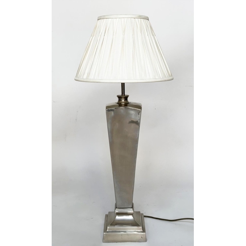 235 - TABLE LAMPS, a pair, chrome each with square section tapering stem with shades. 80cm H (2)