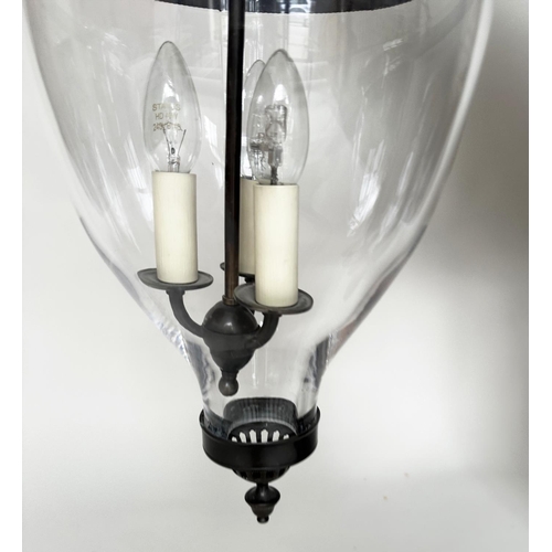 247 - BELL JAR HALL LANTERN, large bell jar glass, lidded with three branch candelabra, 55cm H.