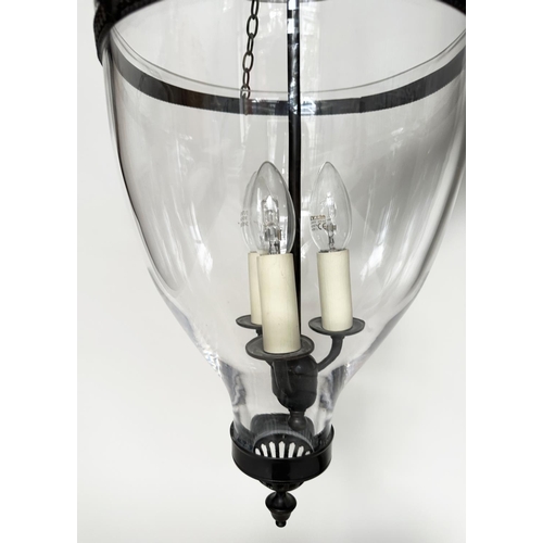 247 - BELL JAR HALL LANTERN, large bell jar glass, lidded with three branch candelabra, 55cm H.