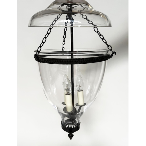 247 - BELL JAR HALL LANTERN, large bell jar glass, lidded with three branch candelabra, 55cm H.