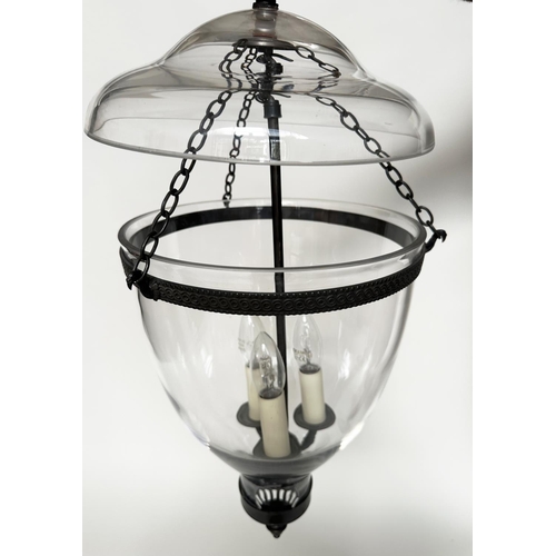 247 - BELL JAR HALL LANTERN, large bell jar glass, lidded with three branch candelabra, 55cm H.