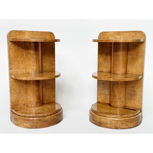 248 - ART DECO CONSOLE TABLES, a pair, karelian birch, each with demilune top and column, 65cm H x 35cm W ... 