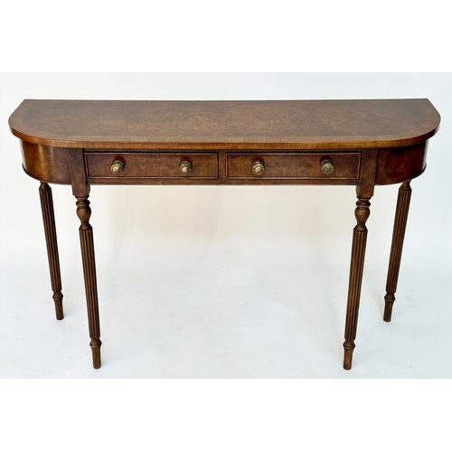 224 - HALL TABLE, George III design burr walnut and crossbanded with two frieze drawers, rounded with reed... 