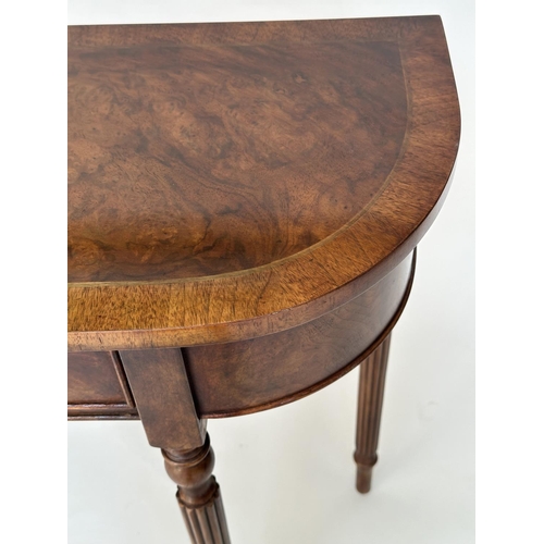 224 - HALL TABLE, George III design burr walnut and crossbanded with two frieze drawers, rounded with reed... 