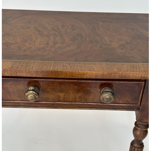 224 - HALL TABLE, George III design burr walnut and crossbanded with two frieze drawers, rounded with reed... 