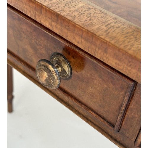 224 - HALL TABLE, George III design burr walnut and crossbanded with two frieze drawers, rounded with reed... 