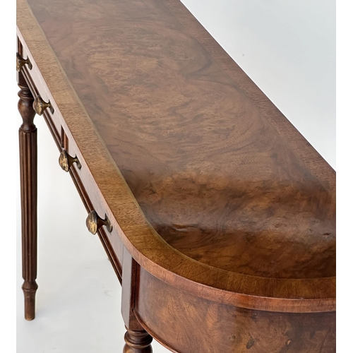 224 - HALL TABLE, George III design burr walnut and crossbanded with two frieze drawers, rounded with reed... 