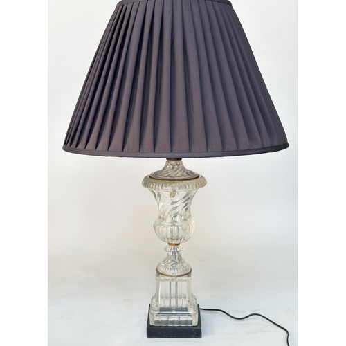 207 - TABLE LAMPS, a pair, vase shaped glass and gilt metal mounted with square marble plinth and pleated ... 