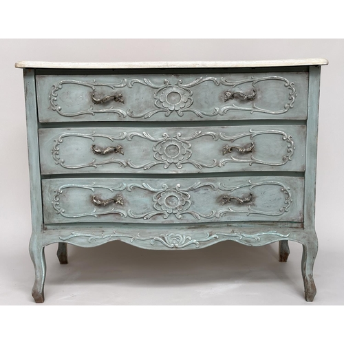 213 - COMMODE, French Louis XV style with three long carved and bowed serpentine drawers and shaped suppor... 