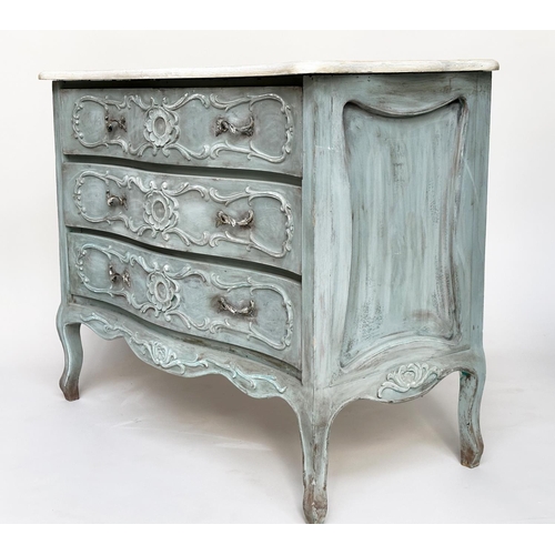 213 - COMMODE, French Louis XV style with three long carved and bowed serpentine drawers and shaped suppor... 