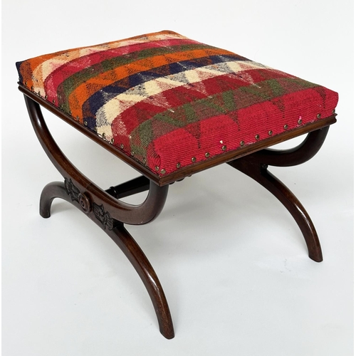 215 - HEARTH STOOL, Regency mahogany with qashqai kelim upholstery and 'X' frame stretchered support, 66cm... 