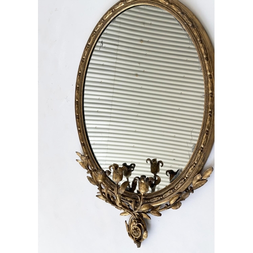 206 - GIRANDOLE, 19th century giltwood and gesso moulded, oval beaded frame with three branch foliate cand... 