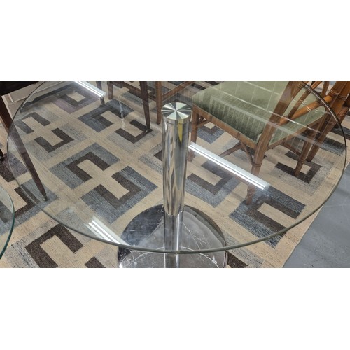 536 - DINING TABLE, polished metal, glass top, 80cm diam x 75cm.