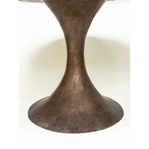 300 - DINING TABLE, circular veined marble raised upon bronzed open metal circular splay, 160cm W x 75cm H... 