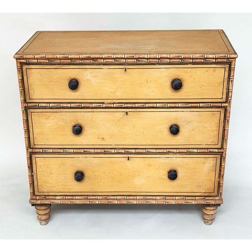 200 - FAUX BAMBOO CHEST, 19th century faux bamboo with three long drawers and turned supports, 102cm W x 9... 