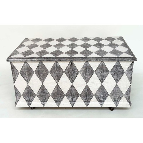 198 - HARLEQUIN TRUNK, 19th century craquelure and diamond hand painted with rising lid, 58cm H x 110cm W ... 