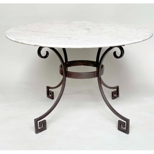 199 - CENTRE TABLE, Regency style circular white marble on four wrought iron scroll and Greek-key decorate... 