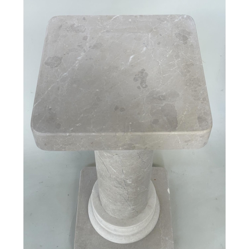 301 - COLUMNS, a pair, Italian travertine, each in three sections, 31cm W x 31cm D x 72cm H. (2)