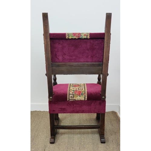 124 - THRONE CHAIR, late 19th/early 20th century Spanish walnut in needlework and purple velvet, 138cm H x... 