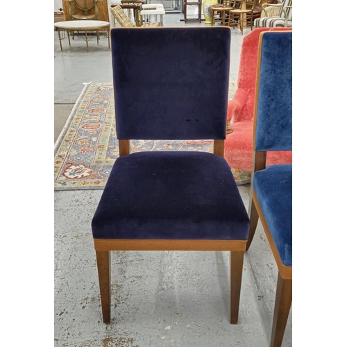 400 - DINING CHAIRS,  a set of ten in differing shades of blue velvet, some navy blue with wooden frame an... 