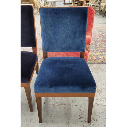 400 - DINING CHAIRS,  a set of ten in differing shades of blue velvet, some navy blue with wooden frame an... 