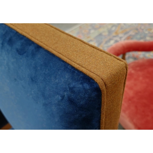 400 - DINING CHAIRS,  a set of ten in differing shades of blue velvet, some navy blue with wooden frame an... 