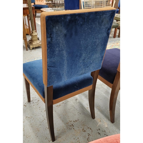 400 - DINING CHAIRS,  a set of ten in differing shades of blue velvet, some navy blue with wooden frame an... 