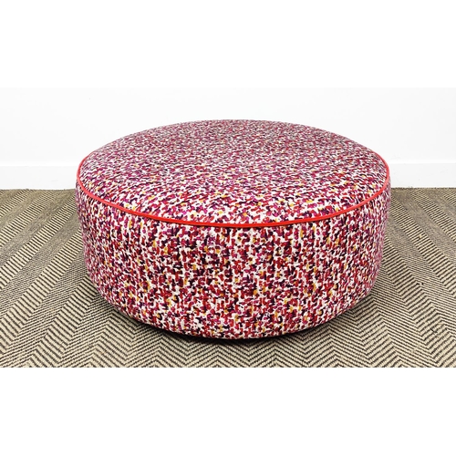 368 - FOOTSTOOL, circular in a patterned chenille with piping detail, 90cm x 40cm H.