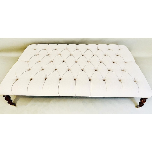 405 - FOOTSTOOL, deep buttoned neutral linen upholstery on turned wooden supports, 33cm H x 152cm W x 90cm... 