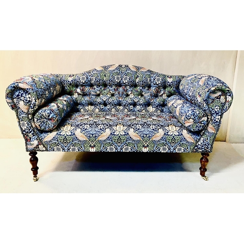 406 - SOFA, William Morris style upholstery with bolster cushions on turned wooden supports, 78cm H x 136c... 