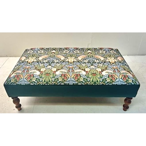 407 - HEARTH STOOL, with William Morris style upholstery, 37cm H x 102cm W x 60cm D