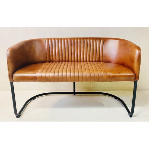 408 - SOFA, vintage style, tan leather upholstery on tubular frame, 76cm H x 90cm W x 34cm D.