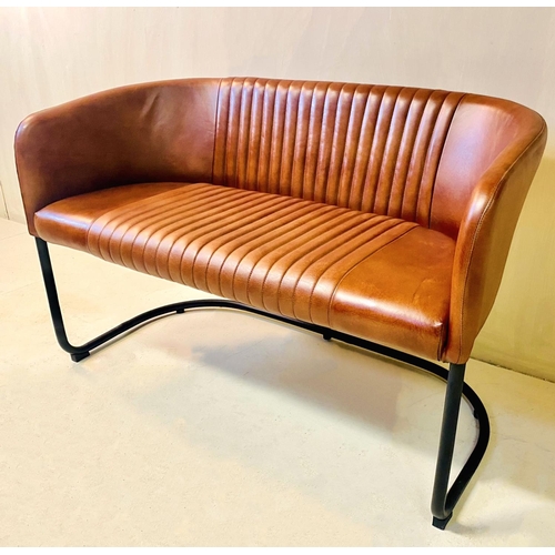 408 - SOFA, vintage style, tan leather upholstery on tubular frame, 76cm H x 90cm W x 34cm D.