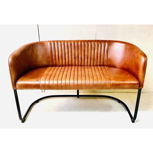 408 - SOFA, vintage style, tan leather upholstery on tubular frame, 76cm H x 90cm W x 34cm D.