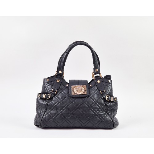 10 - VERSACE BAG, two top handles, front flap closure, zip top closure, pale gold tone hardware, buckles ... 