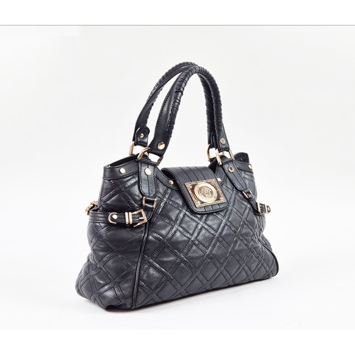 10 - VERSACE BAG, two top handles, front flap closure, zip top closure, pale gold tone hardware, buckles ... 